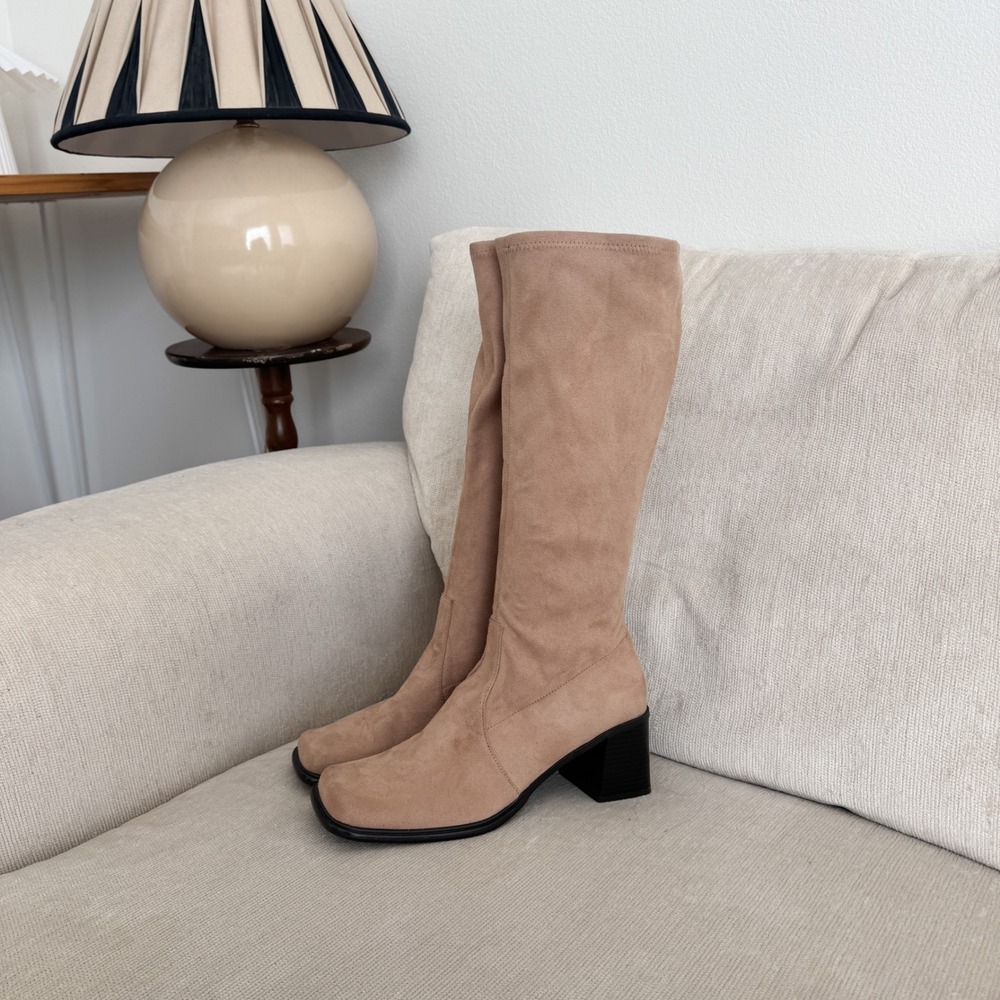 Y2K Tan Faux Suede Square Toe Block Heel Knee High Boots 11W JC Hook
